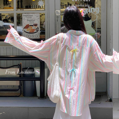 【アウター】リボンストライプ UVカットシャツ 春夏 韓国風 ゆったり スイート【SHシリーズ】