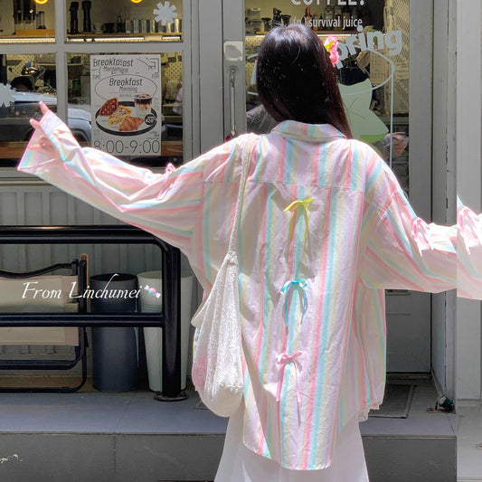 【アウター】リボンストライプ UVカットシャツ 春夏 韓国風 ゆったり スイート【SHシリーズ】