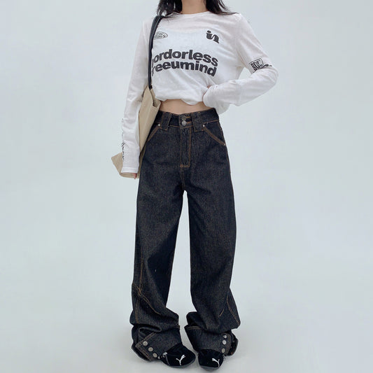 【ボトムス】ヴィンテージ感◎サイドスリットストレートデニムパンツ レディース 秋冬コーデ【FCシリーズ】
