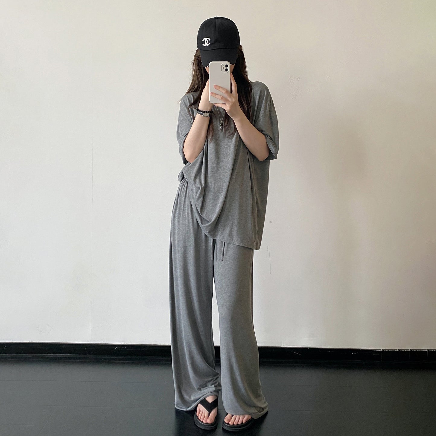 【セットアップ】【単品注文】テンセル素材 半袖Tシャツ＋ワイドパンツ 上下セット ゆったり ルーズフィット リラックス カジュアル ママコーデ 春夏【FCシリーズ】