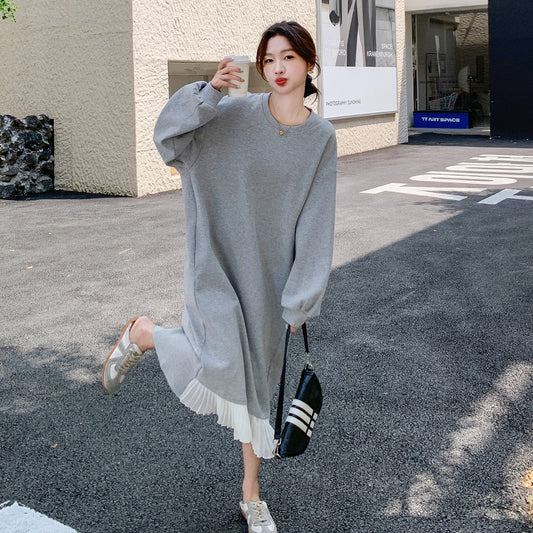 【ワンピース】ゆったり感 リラックス風 バイカラー プリーツ切り替え 長袖ワンピース レディース おしゃれ スウェットワンピース【JZシリーズ】