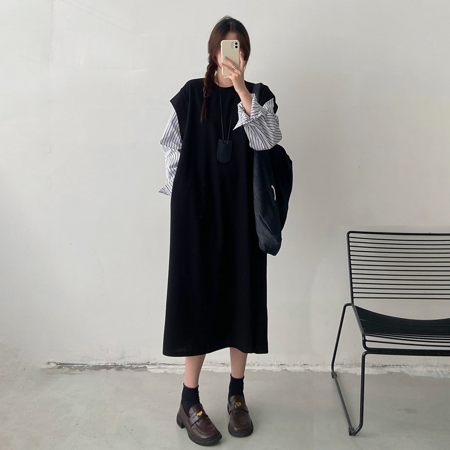 【ワンピース】デザイン感 長袖 フェイクレイヤードワンピース レディース 切替 大きめサイズ ロングドレス【JZシリーズ】