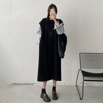 【ワンピース】デザイン感 長袖 フェイクレイヤードワンピース レディース 切替 大きめサイズ ロングドレス【JZシリーズ】