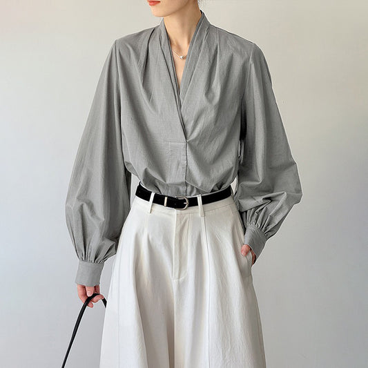 【トップス】初秋新作 デザインシャツ レディース ゆったり 小Vネック シンプル おしゃれ 細見え【JZシリーズ】