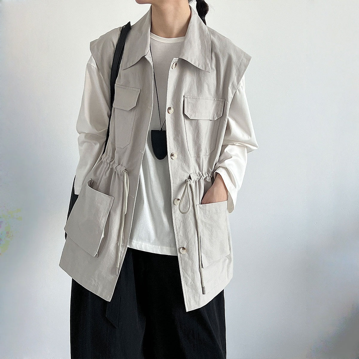 【トップス】春 秋 冬 ワーク風 ドローストリング ポケット ノースリーブ ベスト 【JZシリーズ】