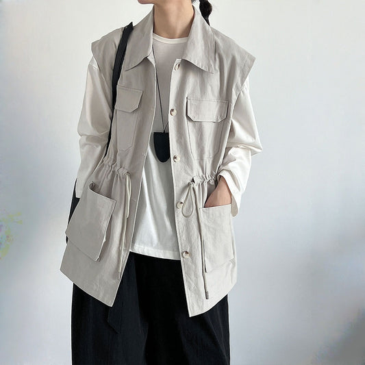 【トップス】春 秋 冬 ワーク風 ドローストリング ポケット ノースリーブ ベスト 【JZシリーズ】