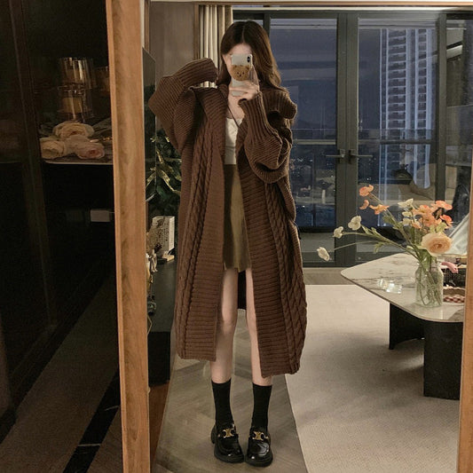 【アウター】リラックス感 キャメル 大きめ襟 ケーブル編み ニットカーディガン 中長丈 【JZシリーズ】