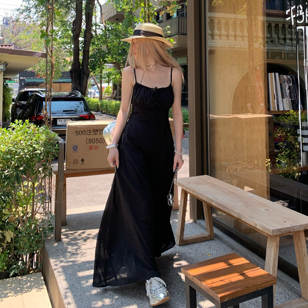 M~4XL【セットアップ】【単品注文】ヘップバーン風黒ワンピース レディース 夏 キャミソールロングワンピース フレンチシック ウエストシェイプ エレガント【JZシリーズ】