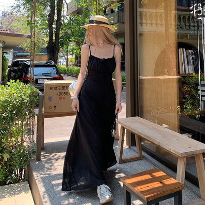 M~4XL【セットアップ】【単品注文】ヘップバーン風黒ワンピース レディース 夏 キャミソールロングワンピース フレンチシック ウエストシェイプ エレガント【JZシリーズ】
