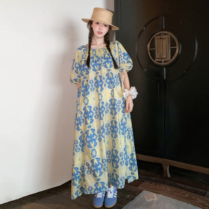 【ワンピース】フラワーワンピース 花柄 半袖 フレンチ風 レトロ ゆったり 体型カバー 細見え ロング丈 気質UP【SHシリーズ】