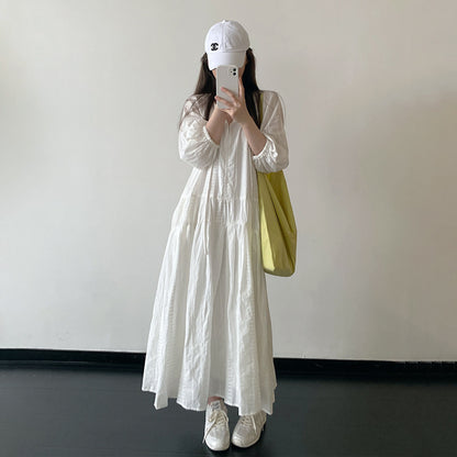 【ワンピース】レディース ホワイト 長袖 ワンピース フレンチリゾート レースアップ デザイン ロングワンピース テクスチャー素材 上品 きれいめ 夏【FCシリーズ】