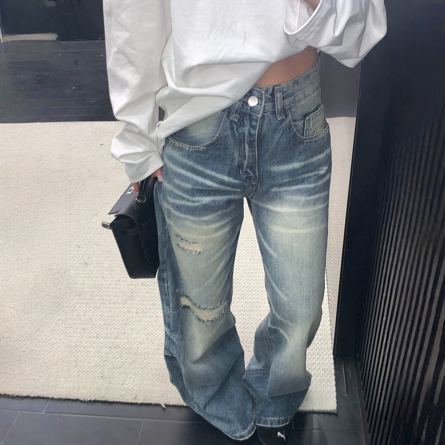 【ボトムス】ダメージ加工 ストレート レトロ ワイドパンツ 【FCシリーズ】