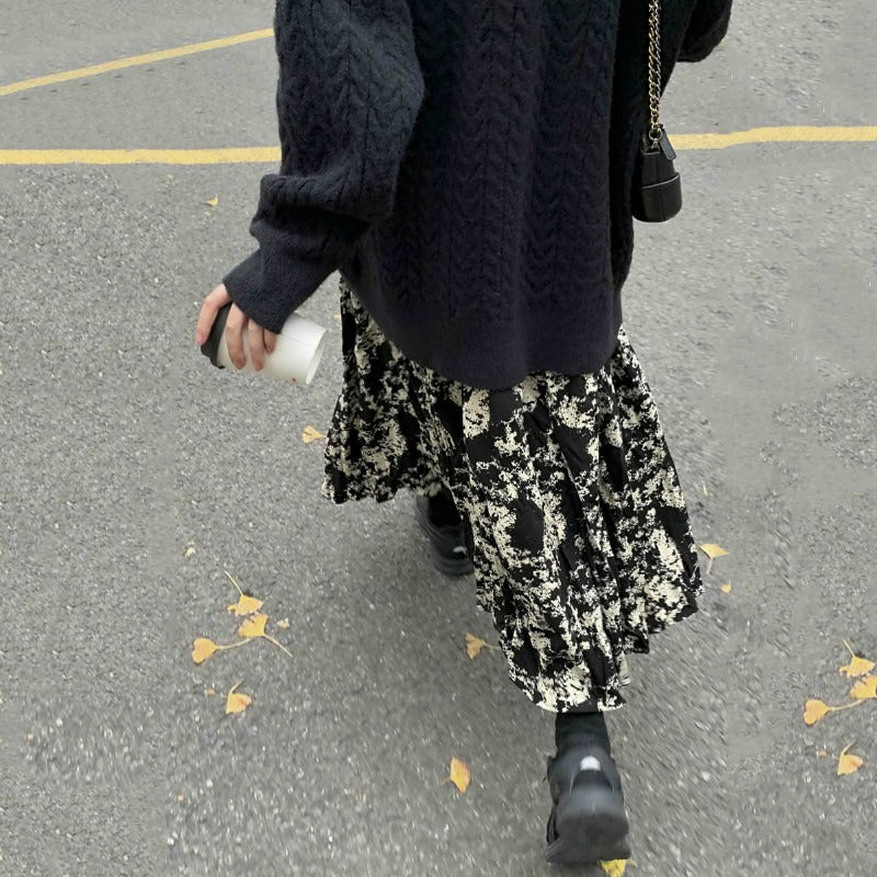 【ボトムス】ブラック花柄 ロングスカート 秋冬 ハイウエスト 体型カバー 小众デザイン【SHシリーズ】