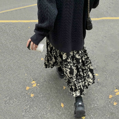 【ボトムス】ブラック花柄 ロングスカート 秋冬 ハイウエスト 体型カバー 小众デザイン【SHシリーズ】