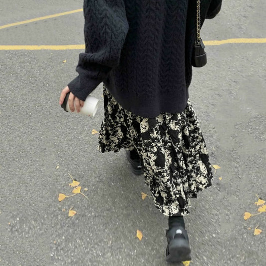 【ボトムス】ブラック花柄 ロングスカート 秋冬 ハイウエスト 体型カバー 小众デザイン【SHシリーズ】