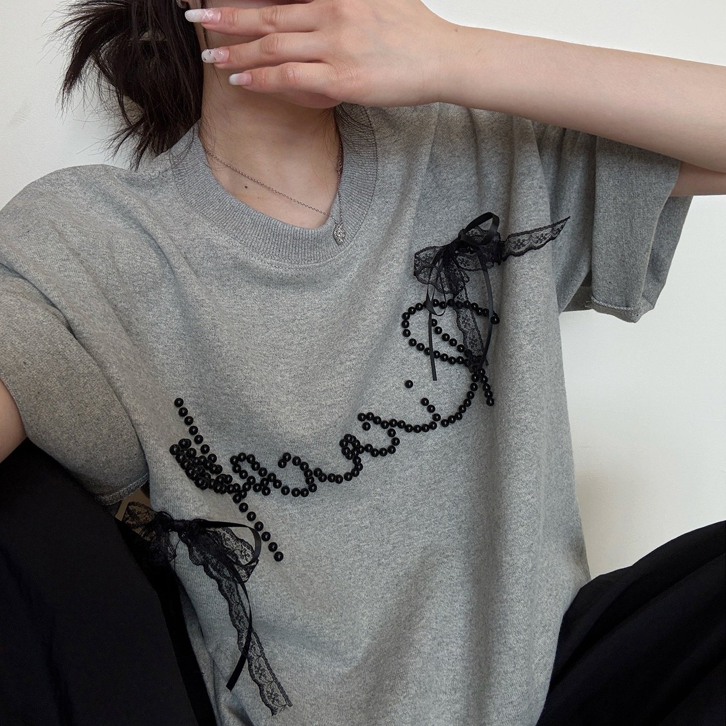 【トップス】夏  リボン ビジュー レース ルーズ 半袖 Ｔシャツ 【FCシリーズ】