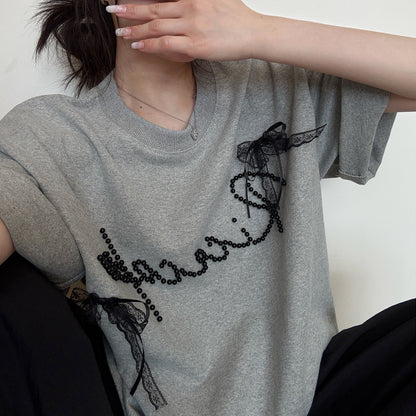 【トップス】夏  リボン ビジュー レース ルーズ 半袖 Ｔシャツ 【FCシリーズ】