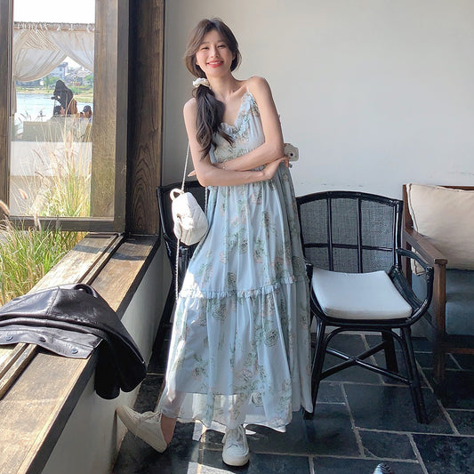 【ワンピース】ブルー ノースリーブ キャミソール 花柄ワンピース リゾート風 ゆったり スリム見え 夏【SHシリーズ】