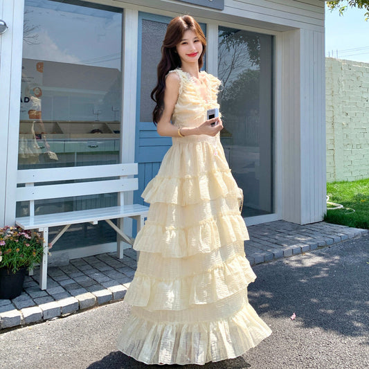 【ワンピース】夏新作 ノースリーブ ティアードワンピース ミルク系 やさしい雰囲気 若見え ロングドレス【SHシリーズ】