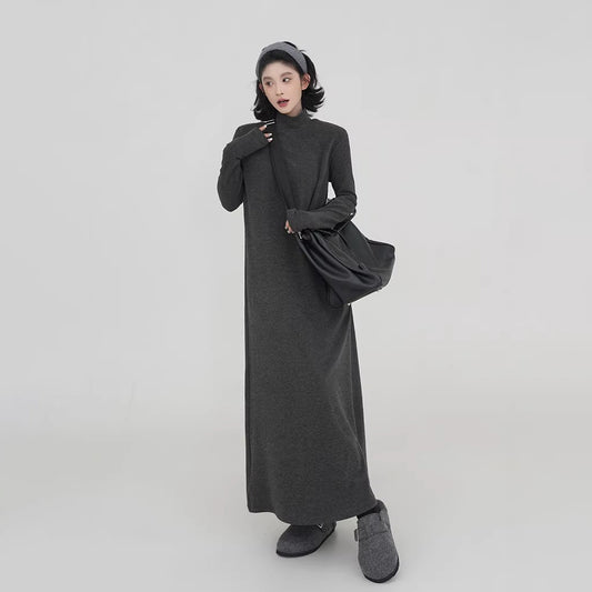 【ワンピース】無地 ハイネック ニット長袖ワンピース レディース 秋冬 韓国風 ゆったり ルーズ ロング丈 Aライン【JZシリーズ】