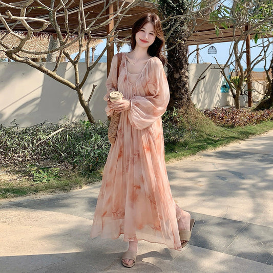 【ワンピース】花柄Vネックロングワンピース レディース 長袖 フレンチフェミニン 大人可愛い リゾート 秋コーデ【SHシリーズ】
