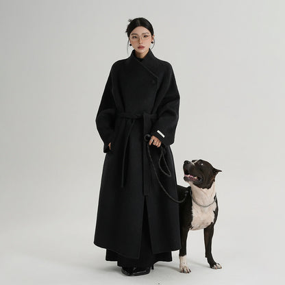 【アウター】気質と高級感 ミディアムロング 斜めボタン襟 ウールコート【JZシリーズ】