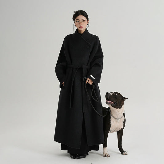 【アウター】気質と高級感 ミディアムロング 斜めボタン襟 ウールコート【JZシリーズ】