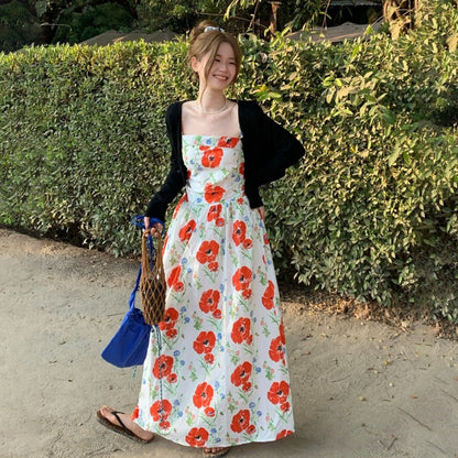 M~4XL【セットアップ】【単品注文】レトロ花柄キャミワンピース レディース 夏 ロング丈 Aラインワンピース カントリースタイル ウエストシェイプ【SHシリーズ】