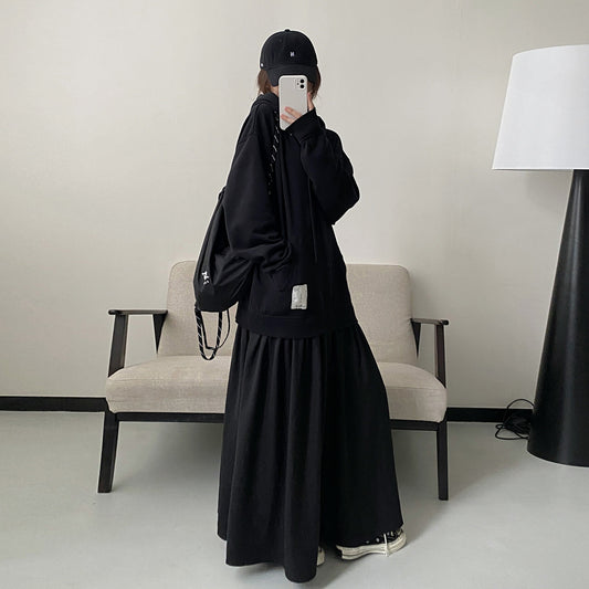 【ワンピース】パッチロゴ ダメージ加工 長袖 フード付き スウェットワンピース レイヤード風 ゆったり【FCシリーズ】