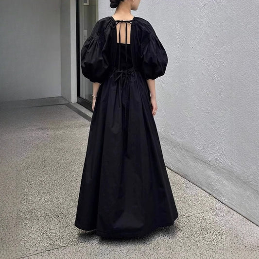 【ワンピース】夏 レトロ  パフスリーブ  バックオープン Aライン 半袖ワンピース【JZシリーズ】