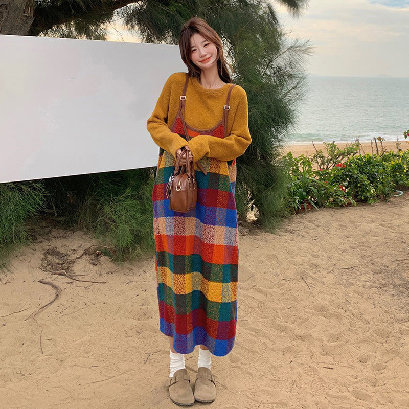 2点セット【セットアップ】韓国風 春秋 カラフルドーパミンチェック キャミワンピースセット レディース【SHシリーズ】【JZシリーズ】