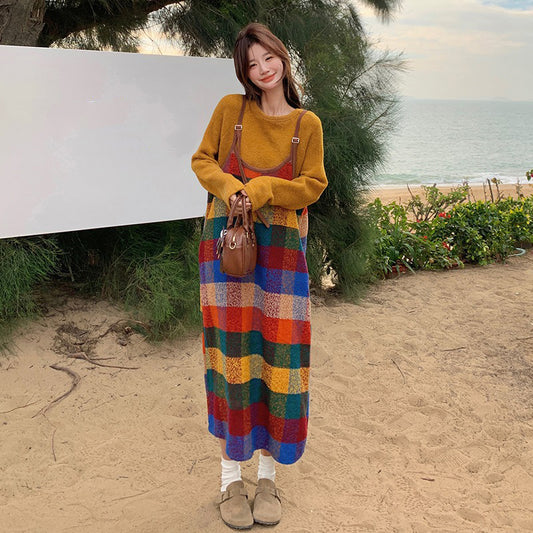 2点セット【セットアップ】韓国風 春秋 カラフルドーパミンチェック キャミワンピースセット レディース【SHシリーズ】【JZシリーズ】