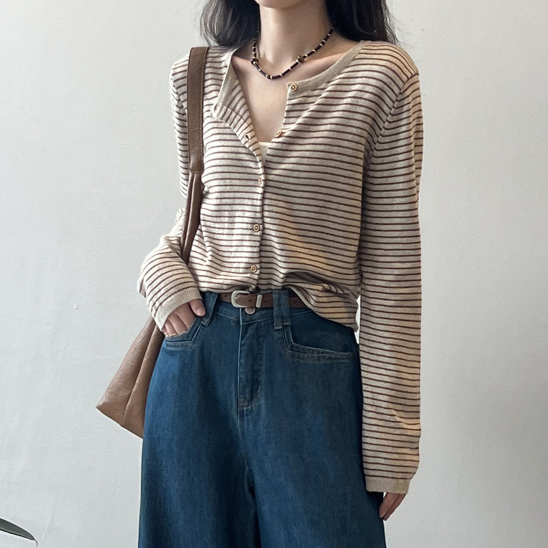 【トップス】バイカラーストライプが映える！韓国風薄手ニットカーディガン｜体型カバーも叶う秋トップス【JZシリーズ】
