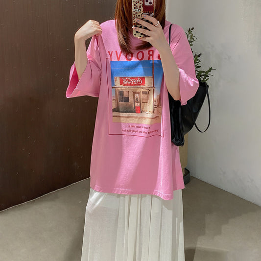 【トップス】英字ポスタープリント  ウォッシュドコットン 半袖Tシャツ ゆったり オーバーサイズ【JZシリーズ】