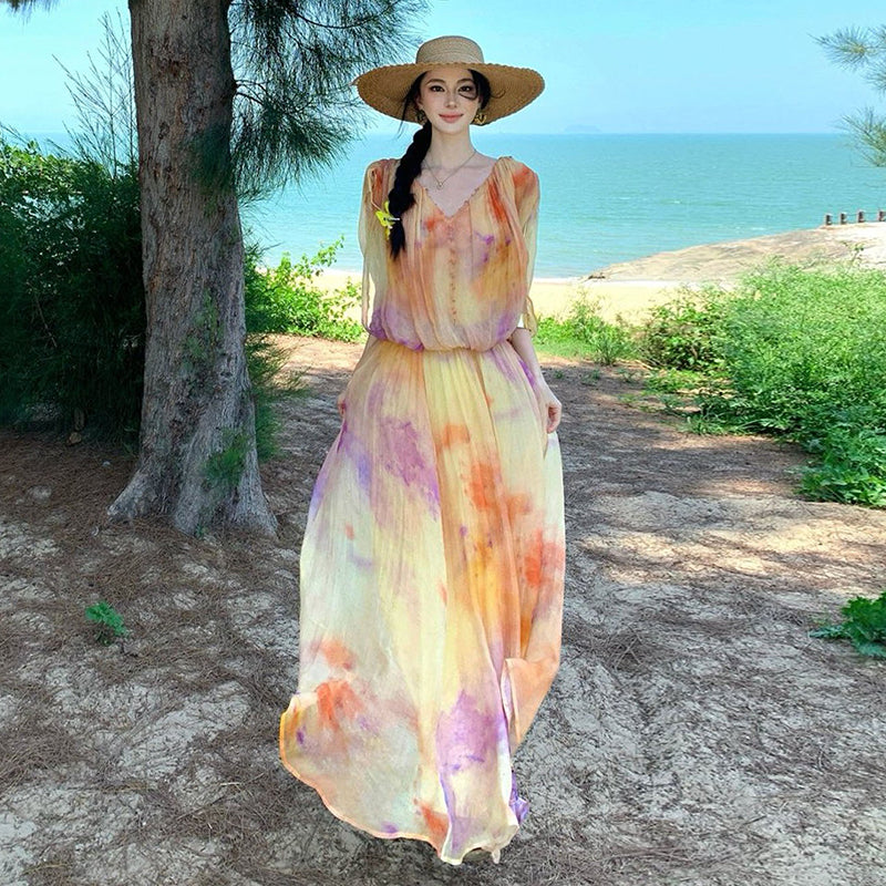【ワンピース】リゾート風 グラデーションワンピース レディース 夏 ノースリーブ ロング丈 フレアシルエット 海辺コーデ バカンススタイル【SHシリーズ】