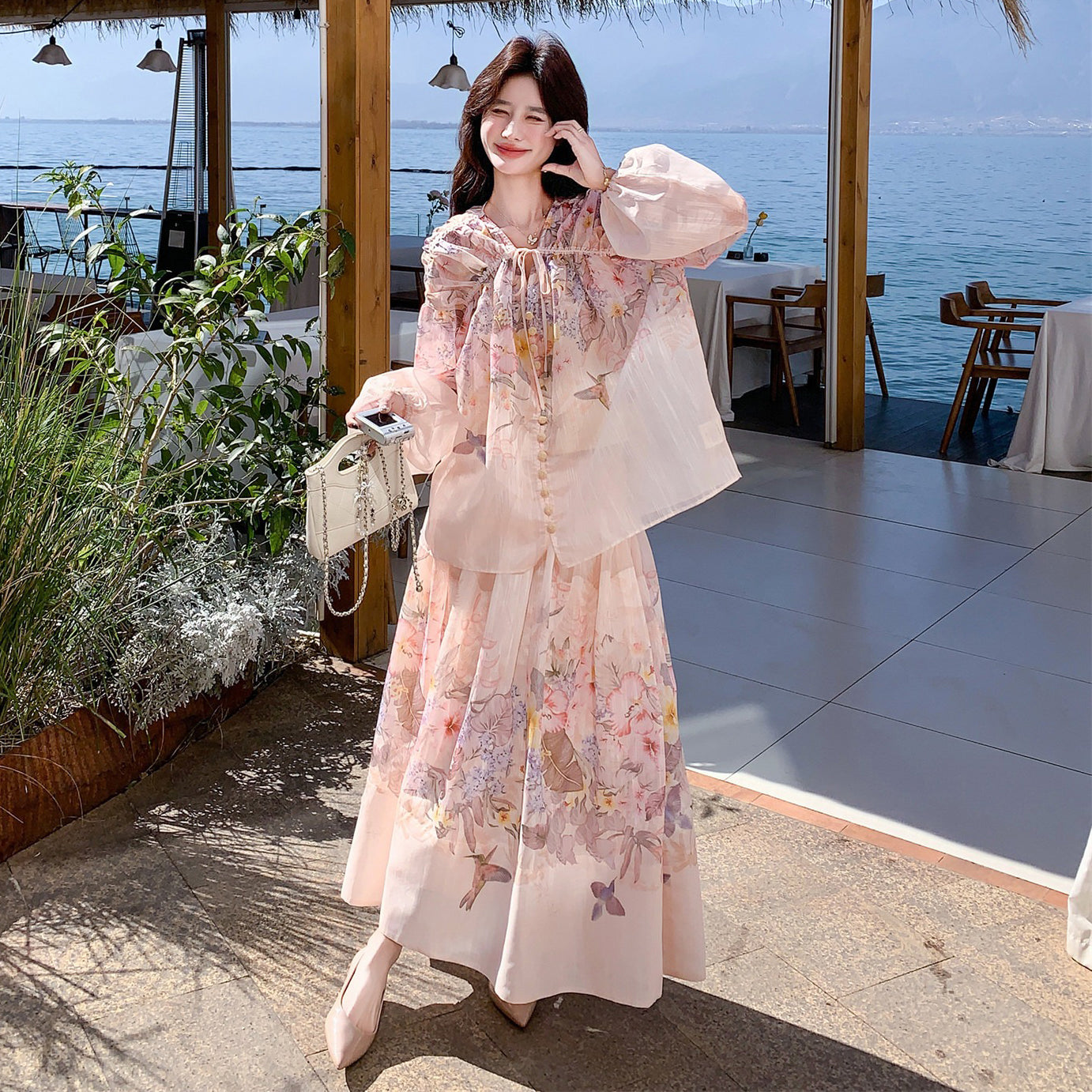 2点セット！【セットアップ】リゾートバタフライプリント 2点セット レディース パフスリーブ UVカットシャツ + ハイウエスト フレアスカート 夏 セットアップ【SHシリーズ】