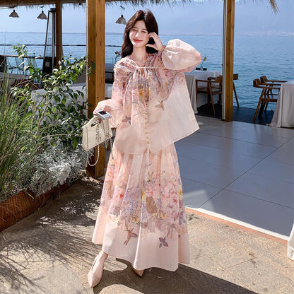 2点セット！【セットアップ】リゾートバタフライプリント 2点セット レディース パフスリーブ UVカットシャツ + ハイウエスト フレアスカート 夏 セットアップ【SHシリーズ】