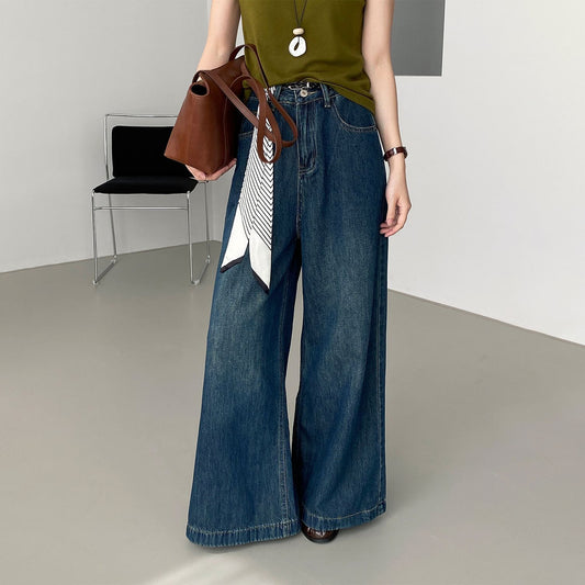 【ボトムス】ヴィンテージ感たっぷり リラックスワイドパンツ レディース ハイウエスト ドレープ感ウォッシュデニム【JZシリーズ】