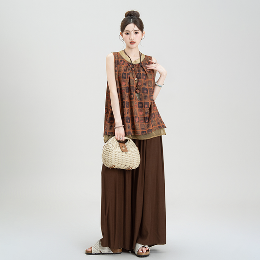 2点セット！【セットアップ】夏新作 モダンチャイナ風プリント ノースリーブトップス＋ハイウエストワイドスカートパンツ 上下セット【JZシリーズ】
