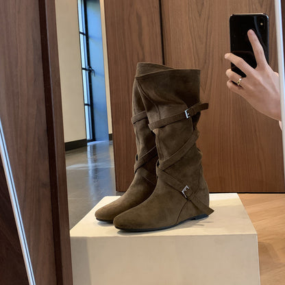 【シューズ】🖤6cmスタイルアップ！柔らかくて履きやすい✨韓国風ベルト付きミドルブーツ レディース 秋冬新作