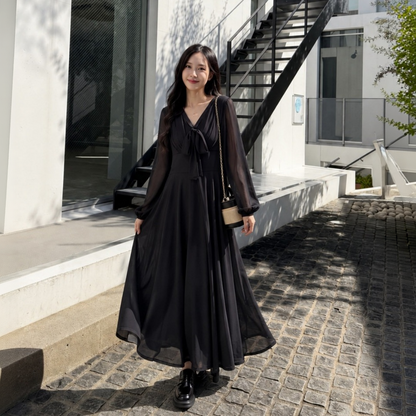 【ワンピース】フレンチ Vネック 着痩せ ロング丈 黒ワンピース 【JZシリーズ】