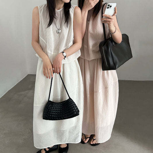 【セットアップ】リラックス風 セミシアー ノースリーブ トップス & スカート 上下セット レディース 夏 フェミニン 大人可愛い 通勤 ゆったり 体型カバー 人気【JZシリーズ】
