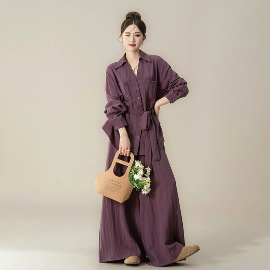 2点セット！【セットアップ】ルーズ感 カジュアル 秋新作 ウエスト絞り シャツ＋ワイドパンツ 上下セット【JZシリーズ】