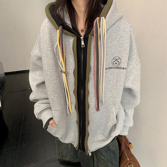 【アウター】カラフル ドローコード レイヤード風 フード付き ジャケット【FCシリーズ】