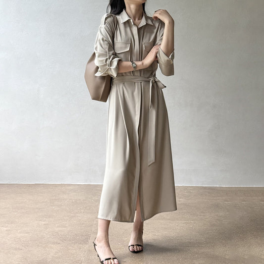 【ワンピース】ベルト付きシャツワンピース レディース 長袖 ミディ丈 オフィススタイル OL 秋服【JZシリーズ】