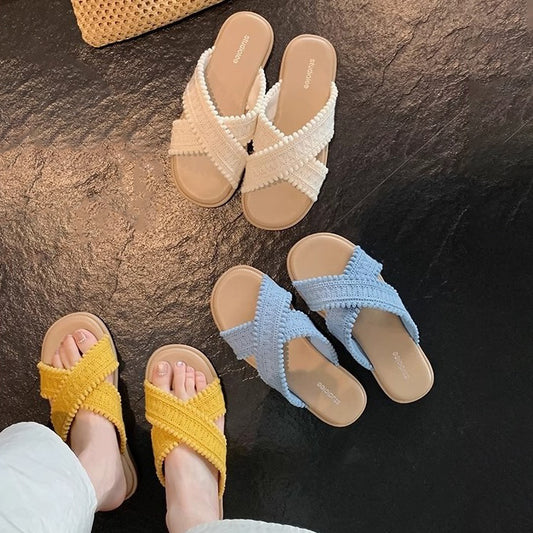 【シューズ】リゾート風 クロス編み オープントゥ サンダル