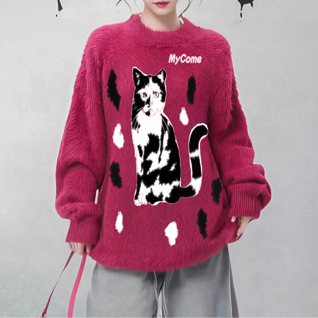 【トップス】猫モチーフ ふわふわ モヘア風 ニットセーター レディース ゆったり ふわもこ ニット・セーター【FCシリーズ】