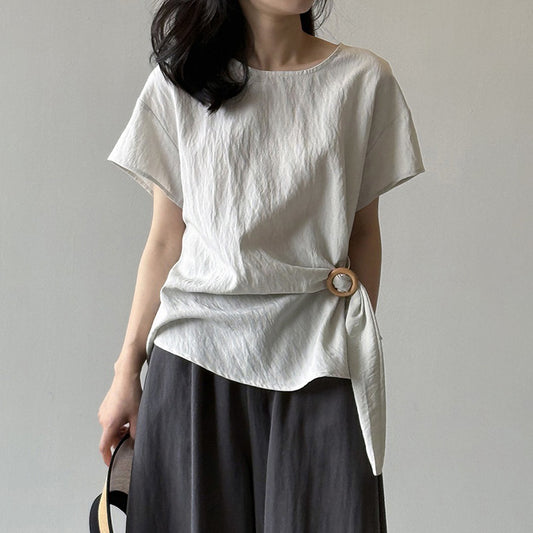 【トップス】夏新作 フレンチエレガンス テンセルリネン  半袖ブラウス 上品ラウンドネック デザインシャツ 【JZシリーズ】