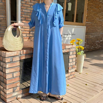 [洋裝] 春秋夏荷葉邊下擺單扣寬鬆短袖洋裝長裙