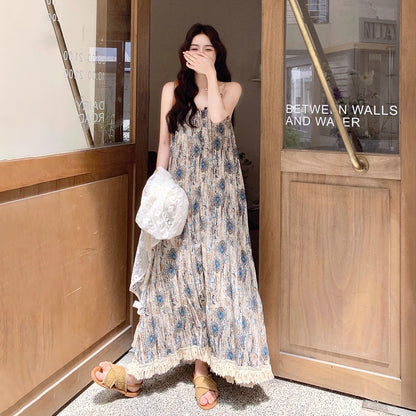 【ワンピース】レースショール付き！フレンチ風プリントノースリーブワンピース・夏のバカンスコーデ【SHシリーズ】